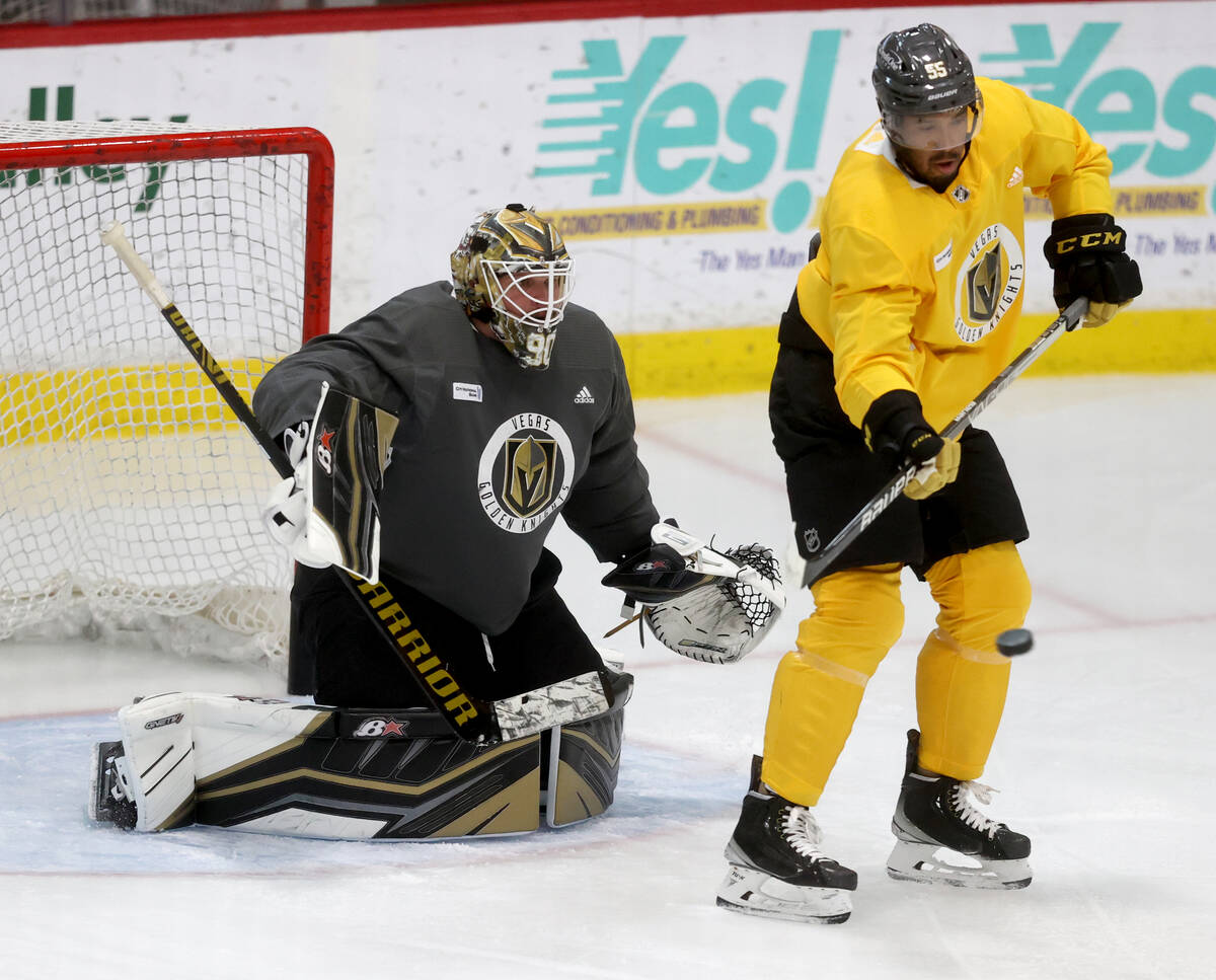 Vegas Golden Knights goaltender Robin Lehner and right wing Keegan Kolesar during practice at C ...