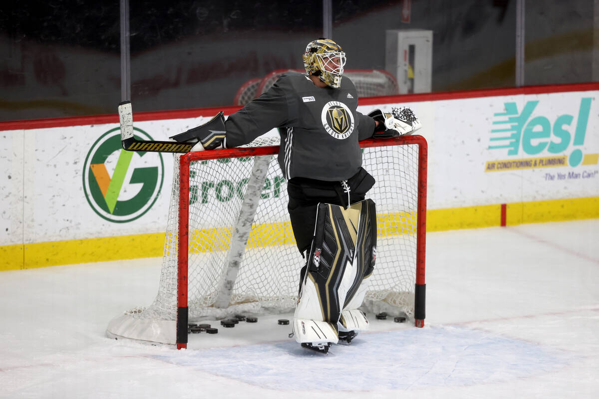 Vegas Golden Knights goaltender Robin Lehner during practice at City National Arena in Las Vega ...