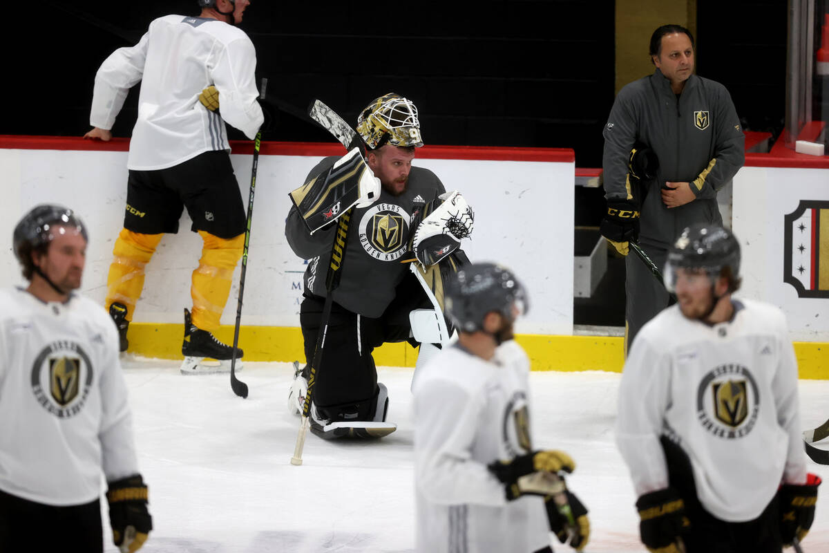 Vegas Golden Knights goaltender Robin Lehner during practice at City National Arena in Las Vega ...