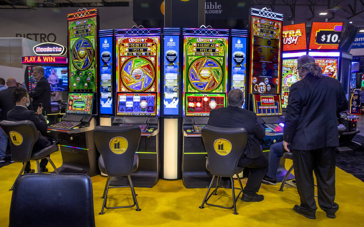 A bank of incredible Technologies machines are ready for play during day 2 of the Global Gaming ...