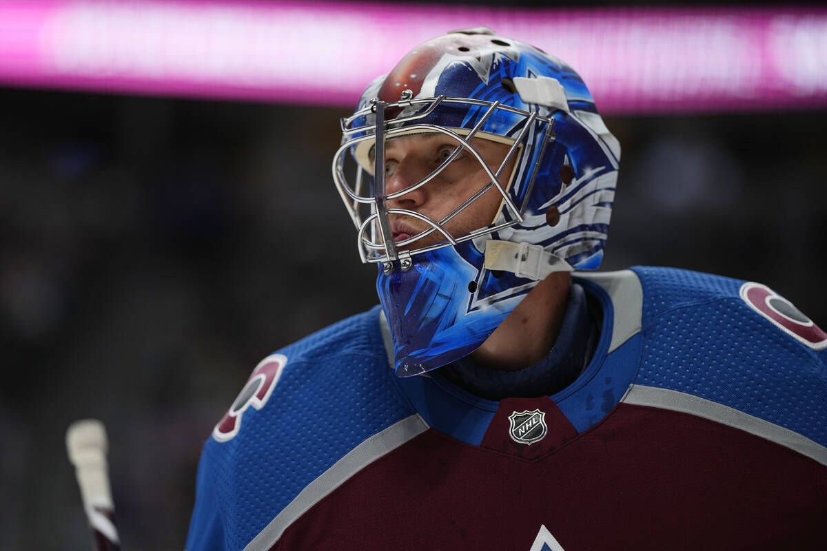 Colorado Avalanche goalie Jonas Johansson looks on against the Vegas Golden Knights during the ...