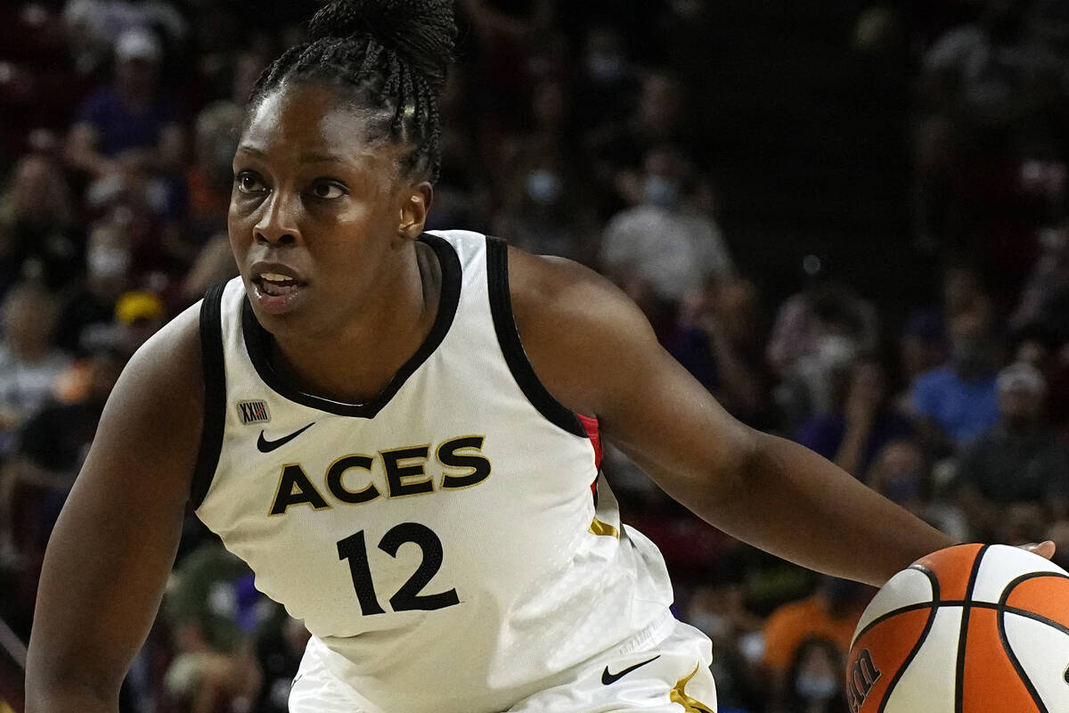 Las Vegas Aces guard Chelsea Gray (12) during the first half of a WNBA basketball game against ...