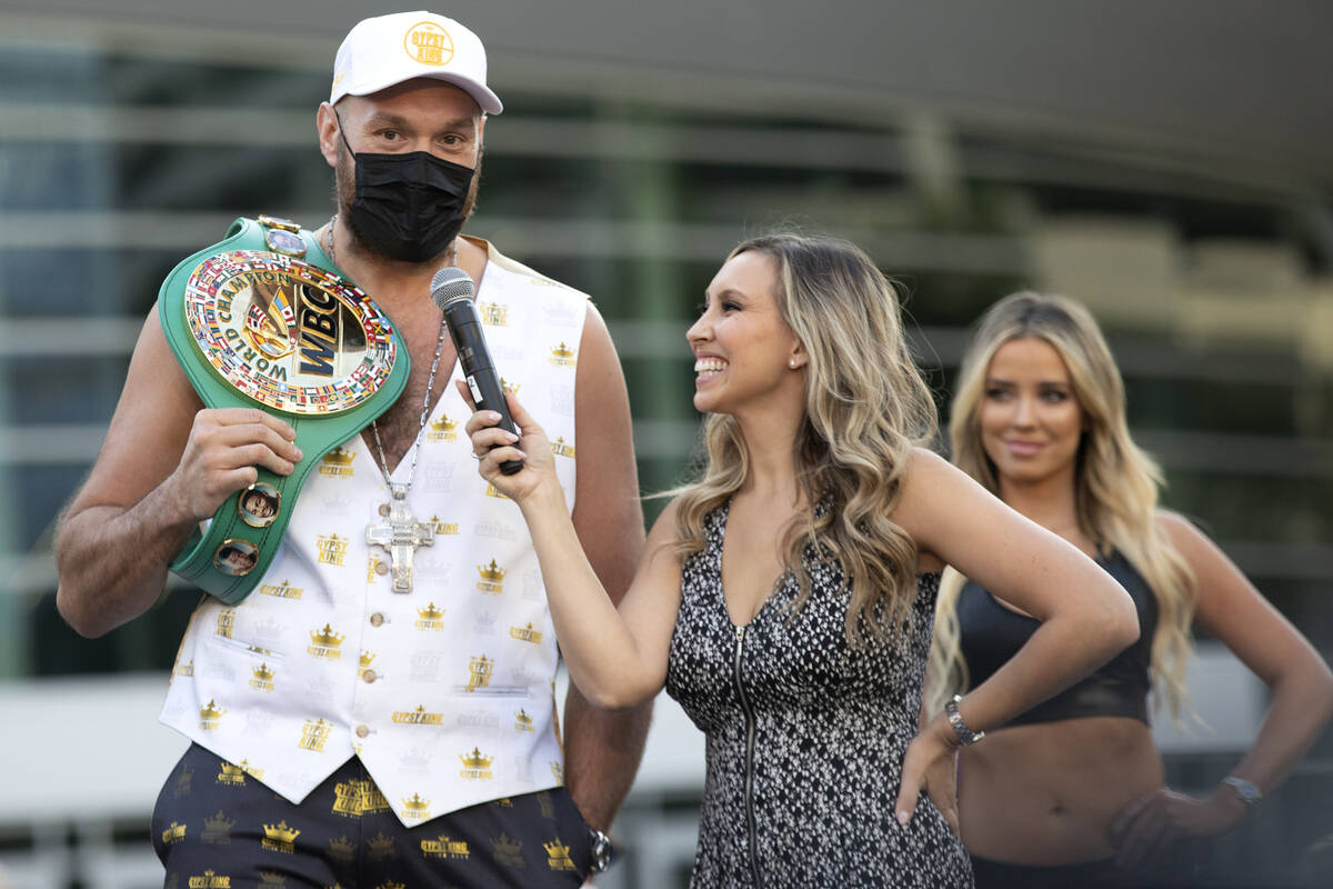 WBC heavyweight champion Tyson Fury answers a media member's question while ESPN Top Rank Boxin ...
