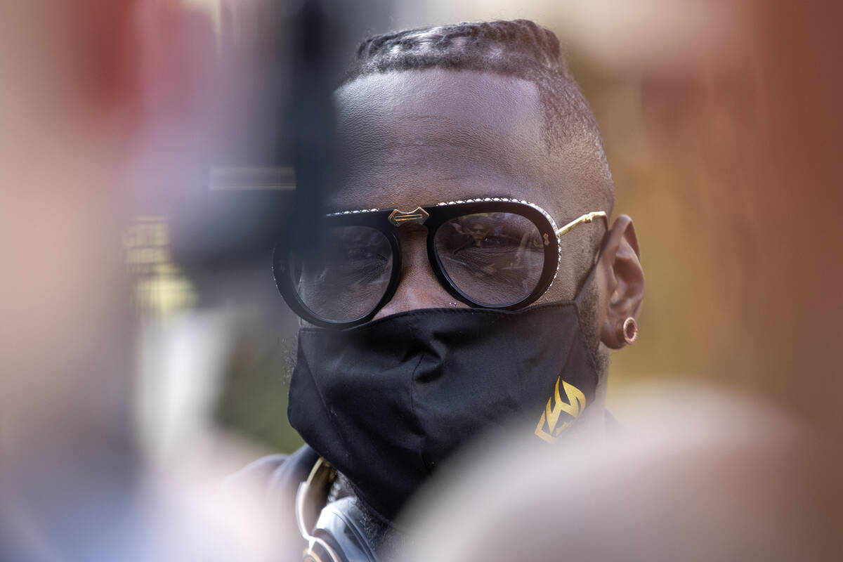 Heavyweight champion Deontay Wilder speaks to a media scrum after a press conference at Toshiba ...