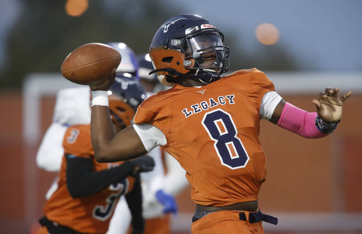 Legacy High School's Curtis Lindsey (8) throws a pass against Bishop Gorman High School during ...