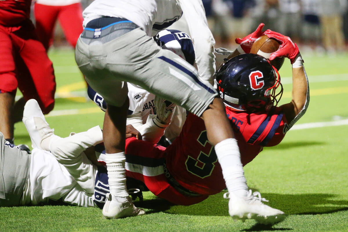 Coronado's (3) is tackled after a run in the second half of a football game against Shadow Ridg ...