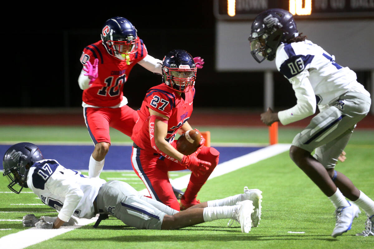 Coronado's Mohammad Maali (27) is tackled after a catch and a run against Shadow Ridge at Coron ...