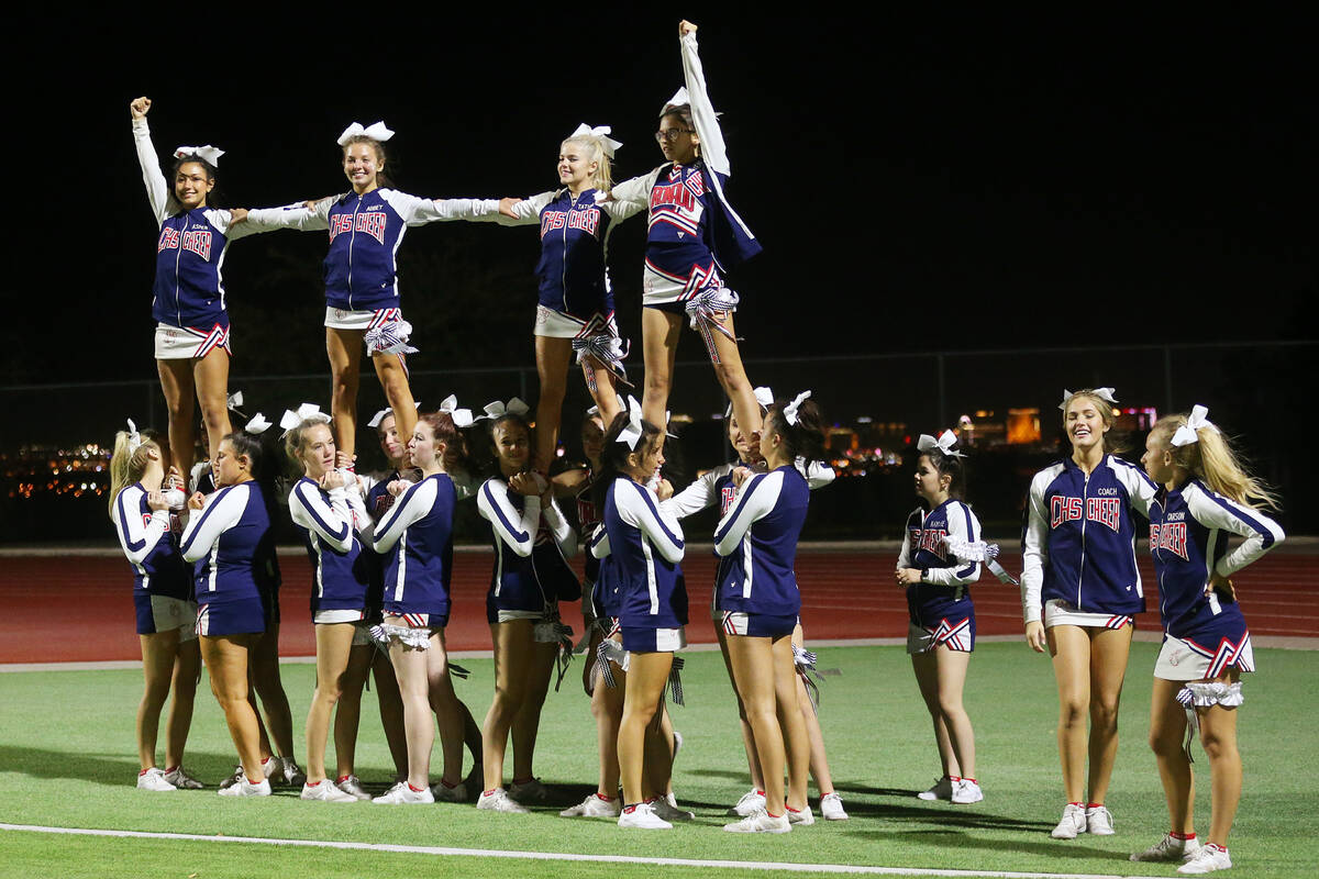 Cheerleaders celebrate a touchdown by Coronado against Shadow Ridge in the second half of a foo ...