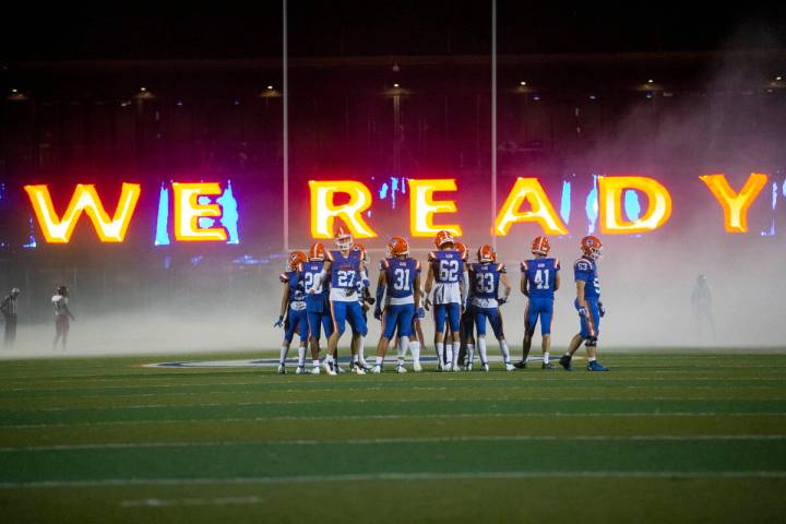 Bishop Gorman wait on the field for the start of their football game against Arbor View at Bish ...