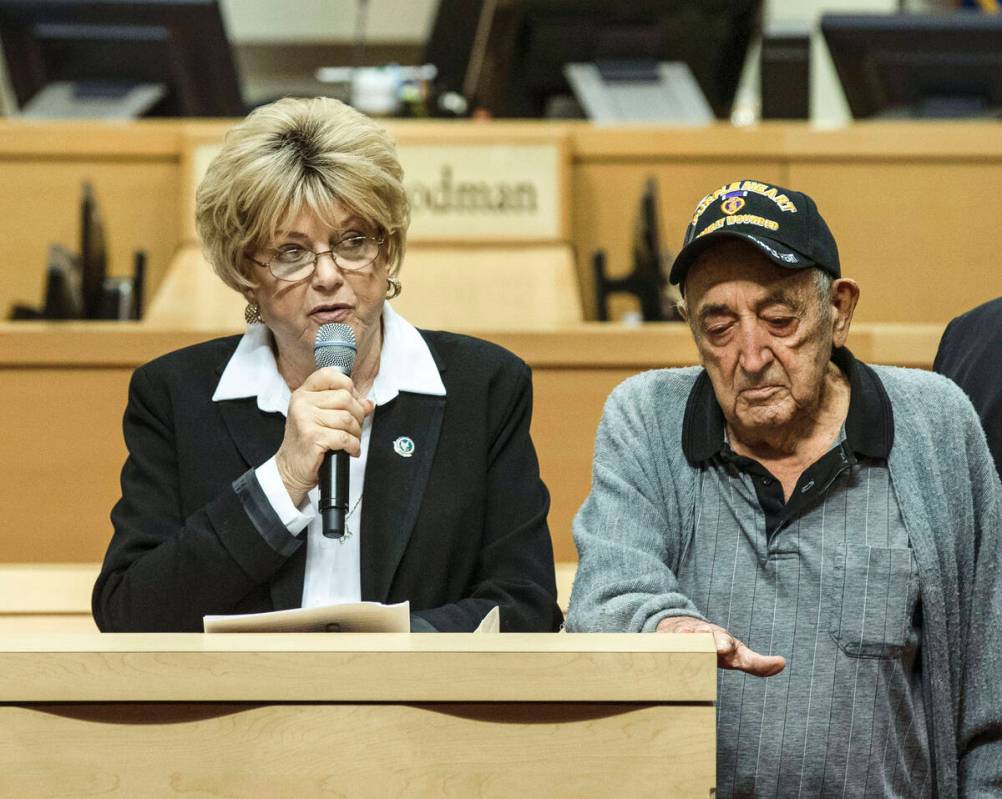 Mayor Carolyn Goodman speaks during a presentation of a Purple Heart to a 98-year-old World War ...