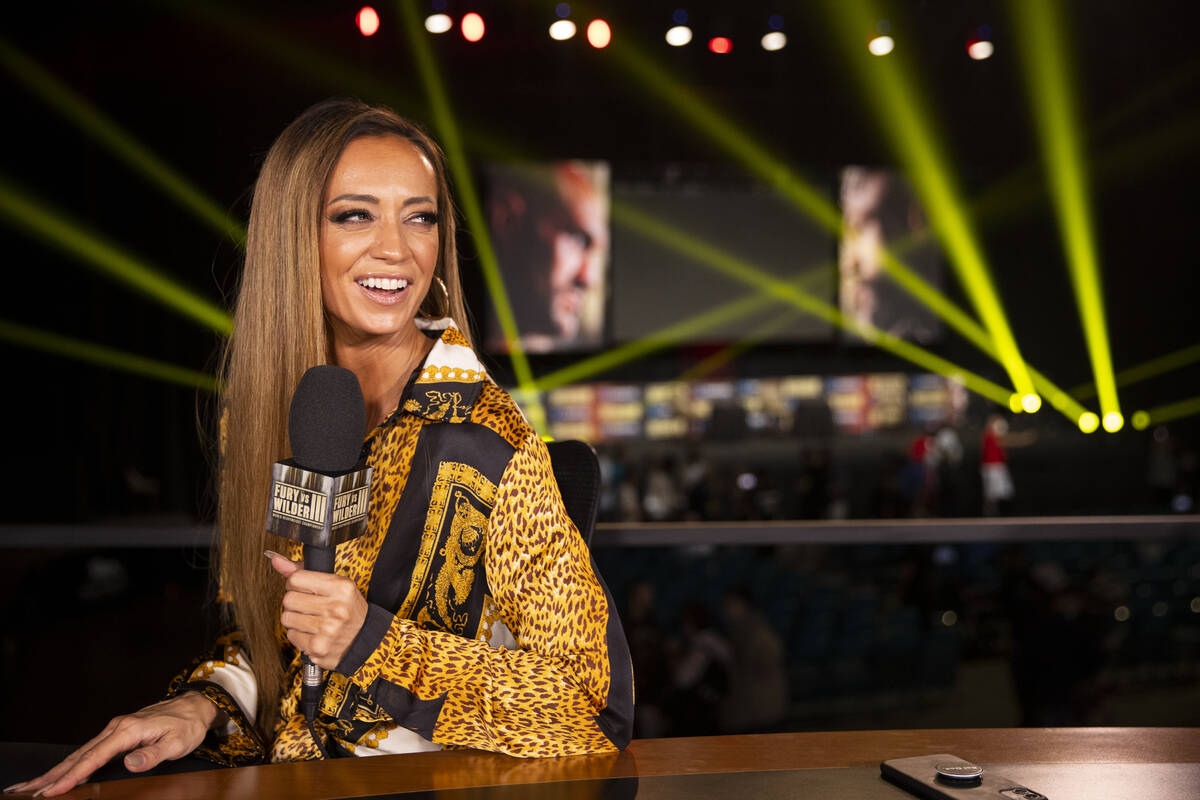 Television broadcaster Kate Abdo speaks during a press conference with Tyson Fury and Deontay W ...