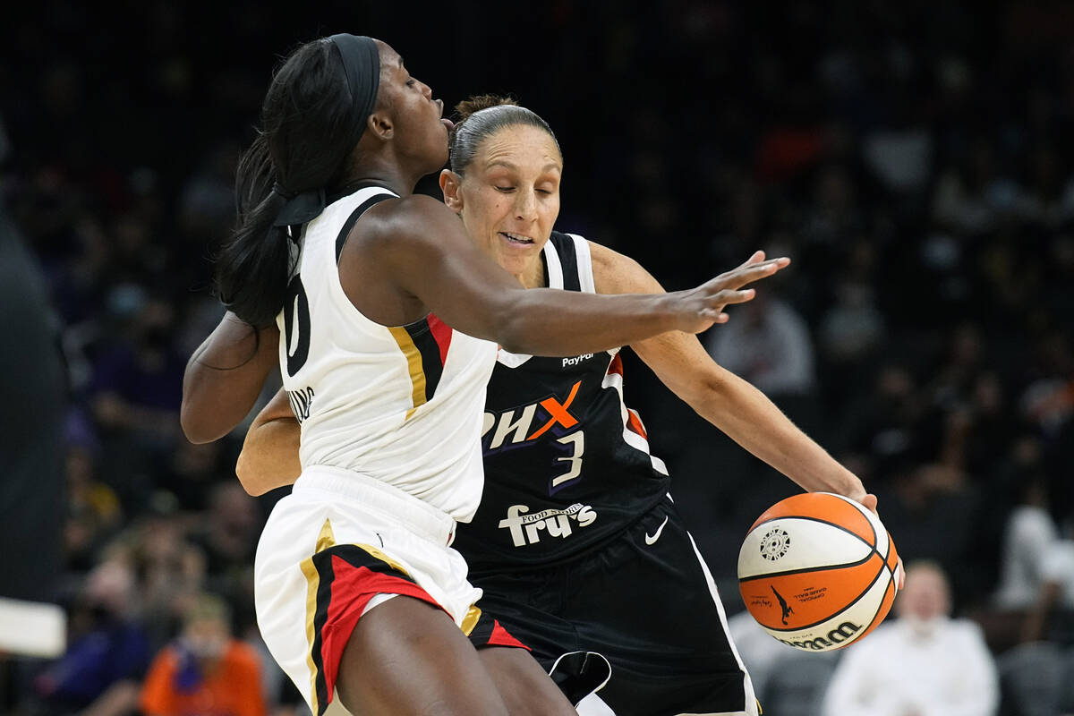 Phoenix Mercury guard Diana Taurasi (3) drives on Las Vegas Aces guard Kelsey Plum during the f ...