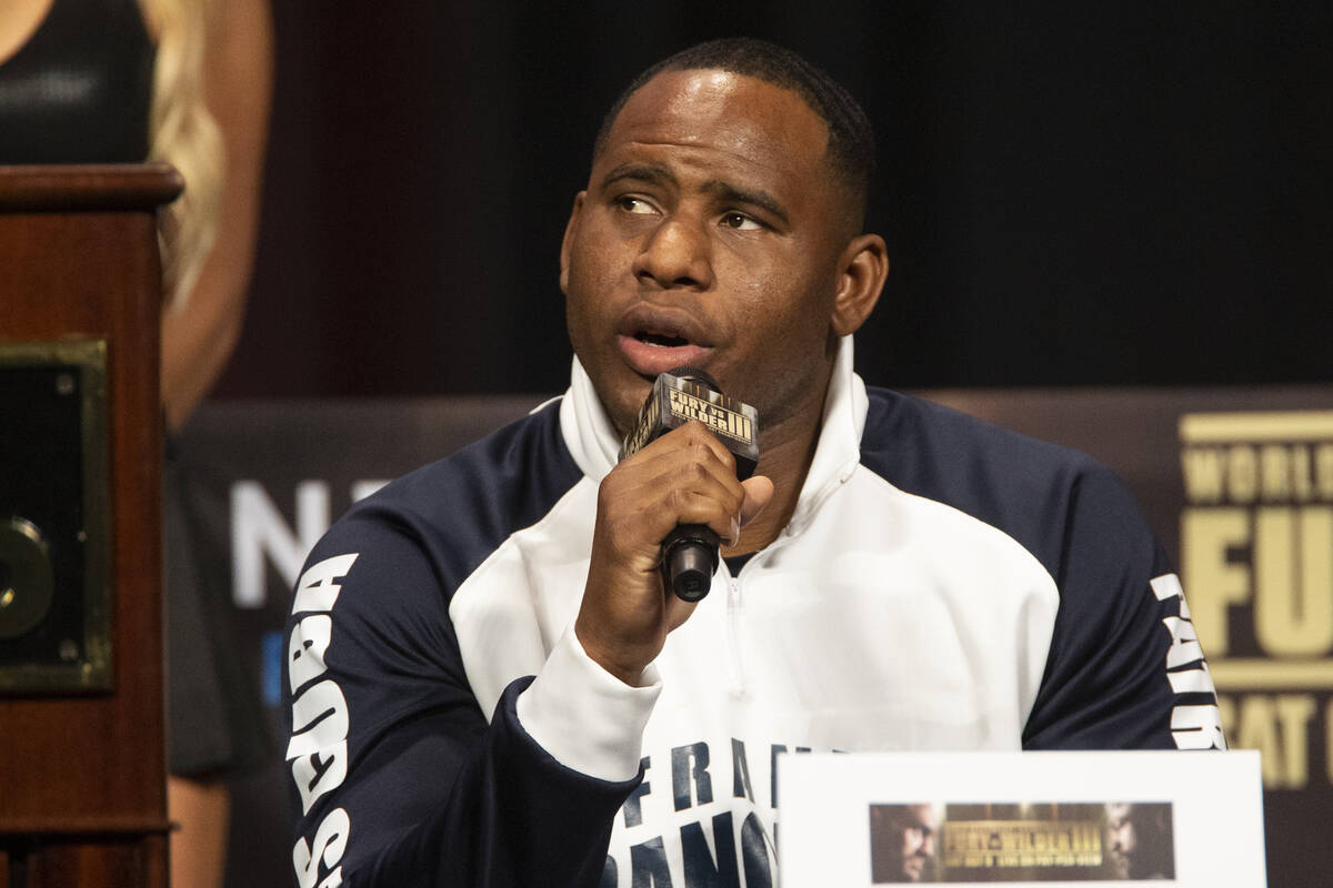 Frank Sanchez speaks during a press conference at the MGM Grand Garden Arena in Las Vegas, Thur ...