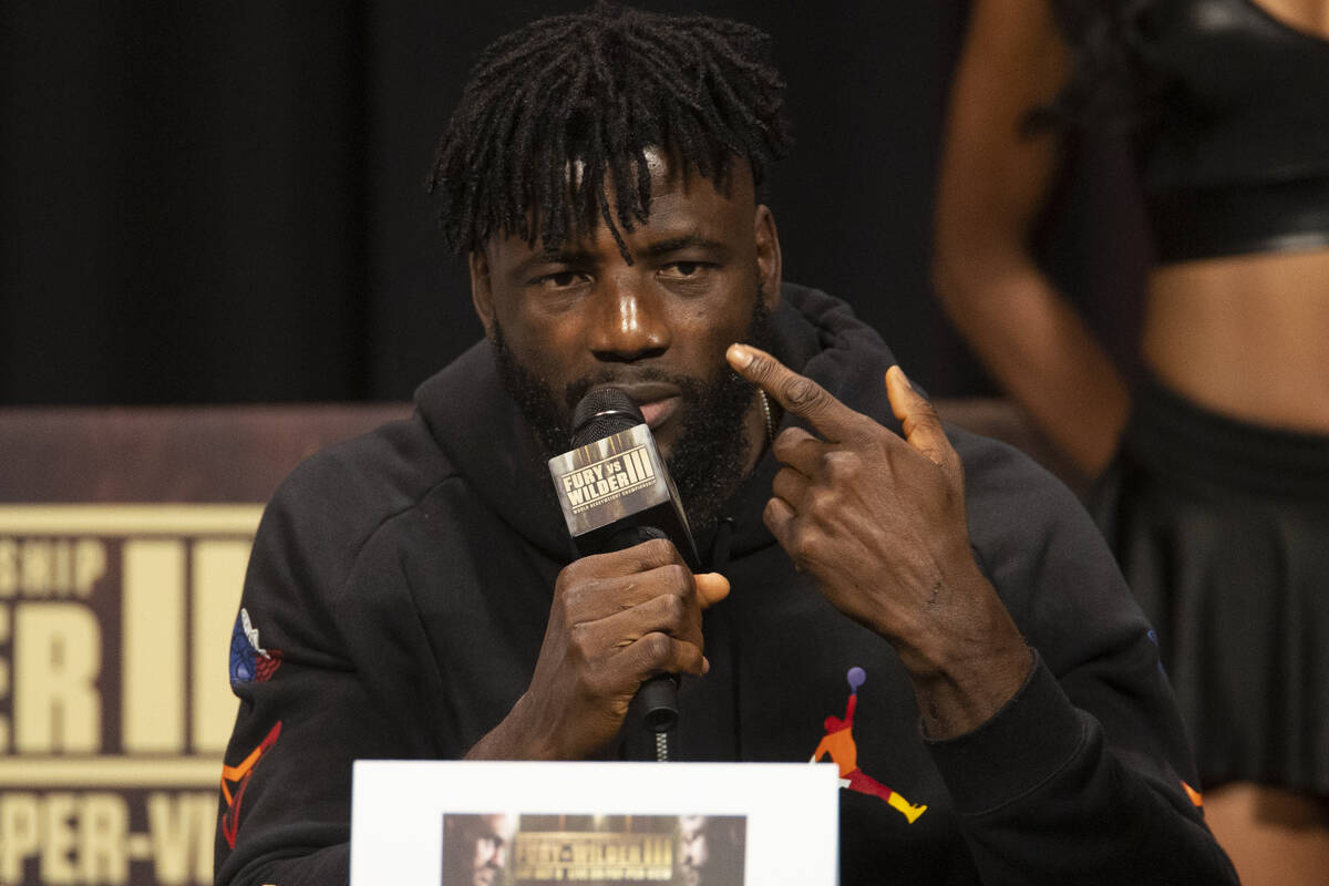 Efe Ajagba speaks during a press conference at the MGM Grand Garden Arena in Las Vegas, Thursda ...