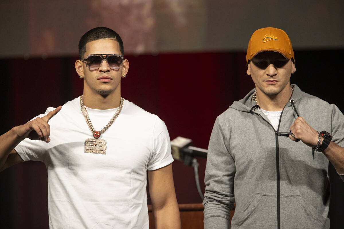 Edgar Berlanga, left, and Marcelo Esteban Coceres, pose during a press conference at the MGM Gr ...