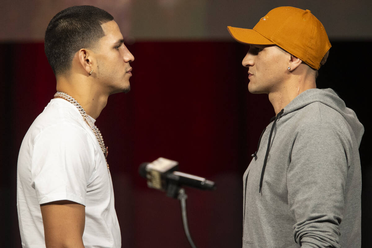 Edgar Berlanga, left, and Marcelo Esteban Coceres, pose during a press conference at the MGM Gr ...