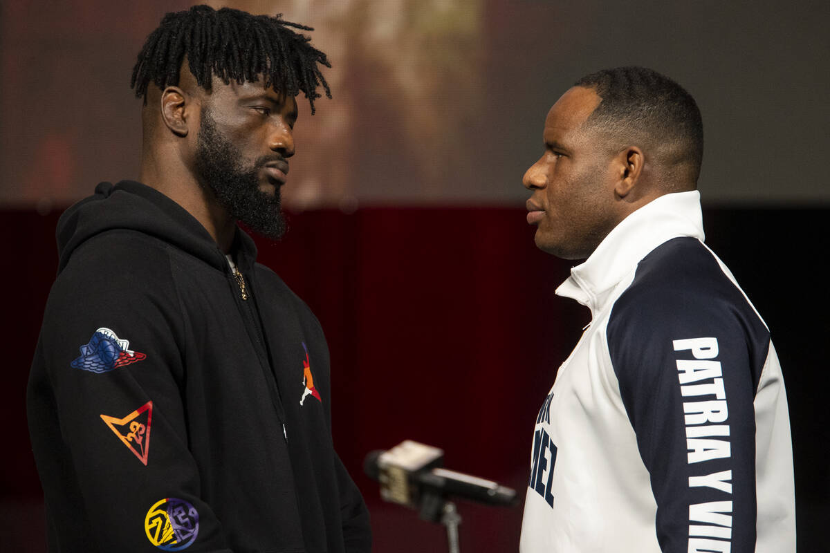 Efe Ajagba, left, and Frank Sanchez, pose during a press conference at the MGM Grand Garden Are ...