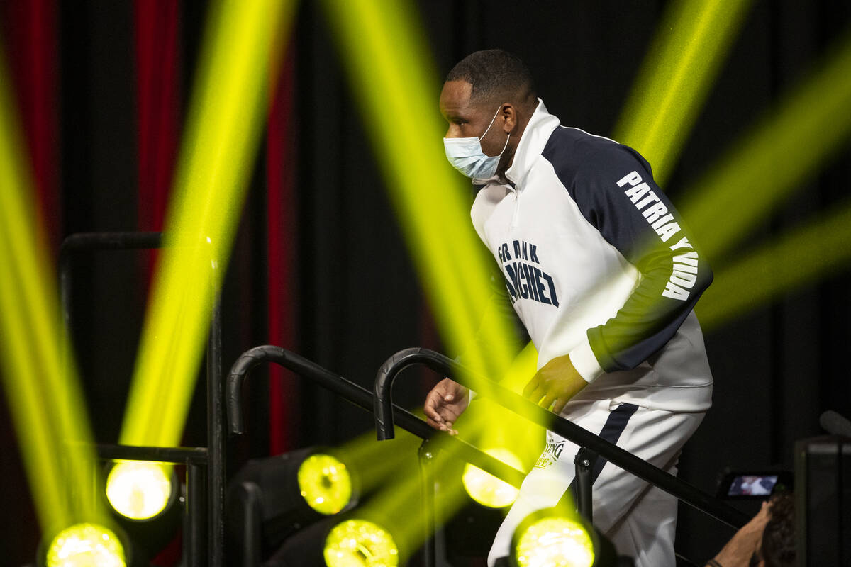 Frank Sanchez takes the stage during a press conference at the MGM Grand Garden Arena in Las Ve ...