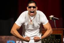 Edgar Berlanga poses during a press conference at the MGM Grand Garden Arena in Las Vegas, Thur ...