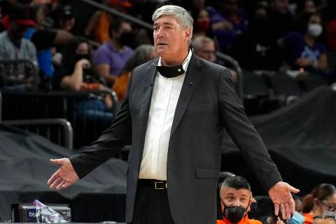 Las Vegas Aces head coach Bill Laimbeer reacts during the second half of game 4 of a WNBA baske ...