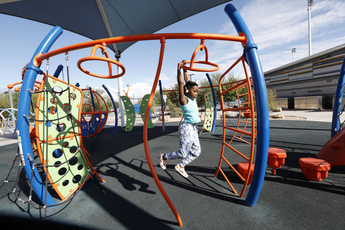 Juju Lowe , 7 of Las Vegas plays at Baker Park, Friday, Oct. 8, 2021, in Las Vegas. (Chitose Su ...