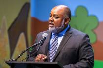 Assembly Speaker Jason Frierson speaks during a ceremony for four bill signings at Fay Herron E ...