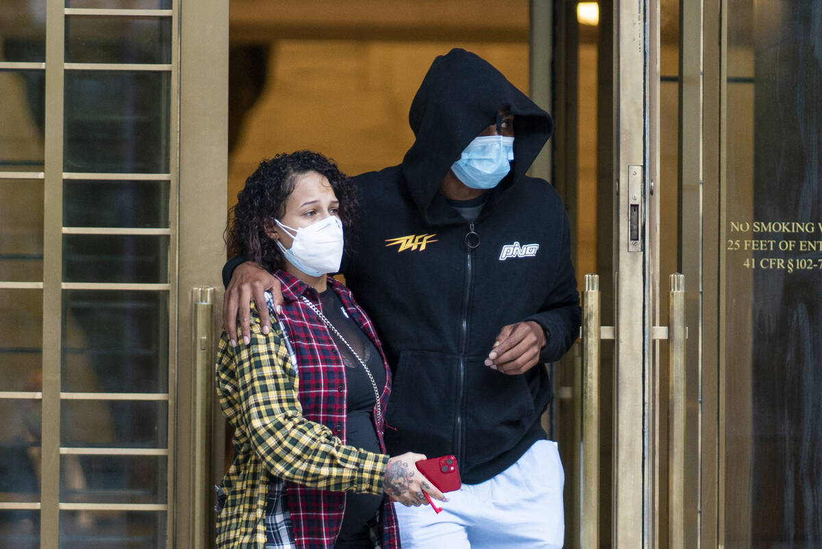 Former NBA basketball player Sebastian Telfair, right, departs Manhattan Federal Court, Thursda ...