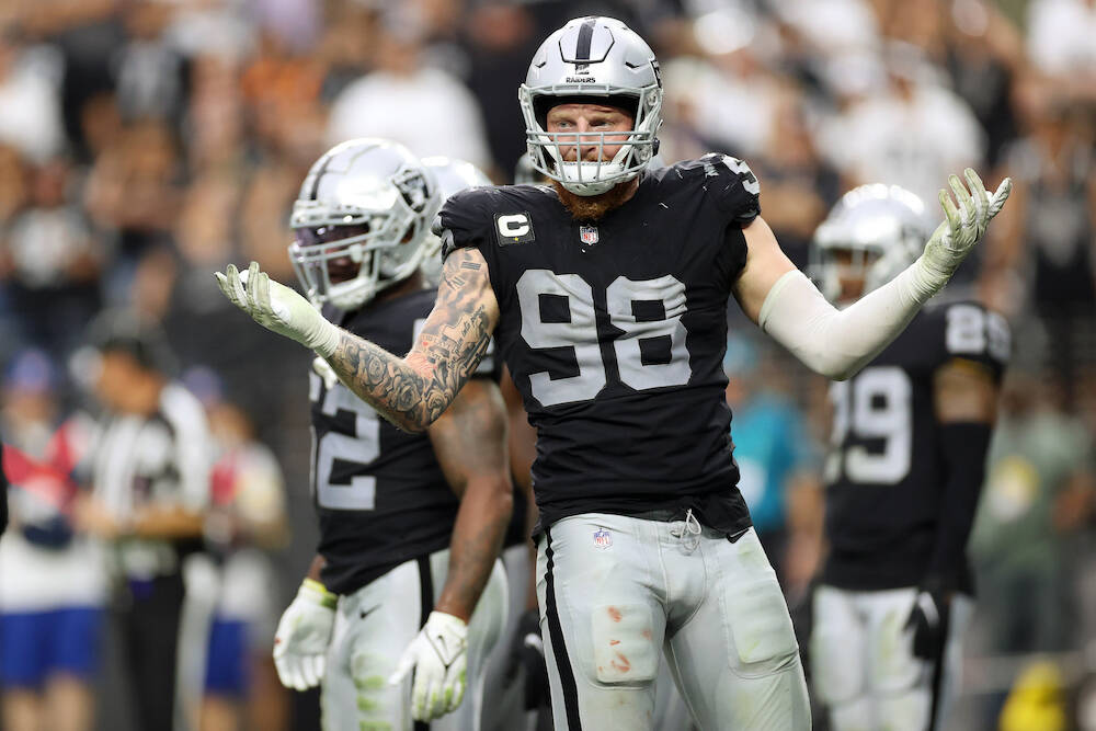 Las Vegas Raiders defensive end Maxx Crosby (98) reacts after a play in the second half of an N ...
