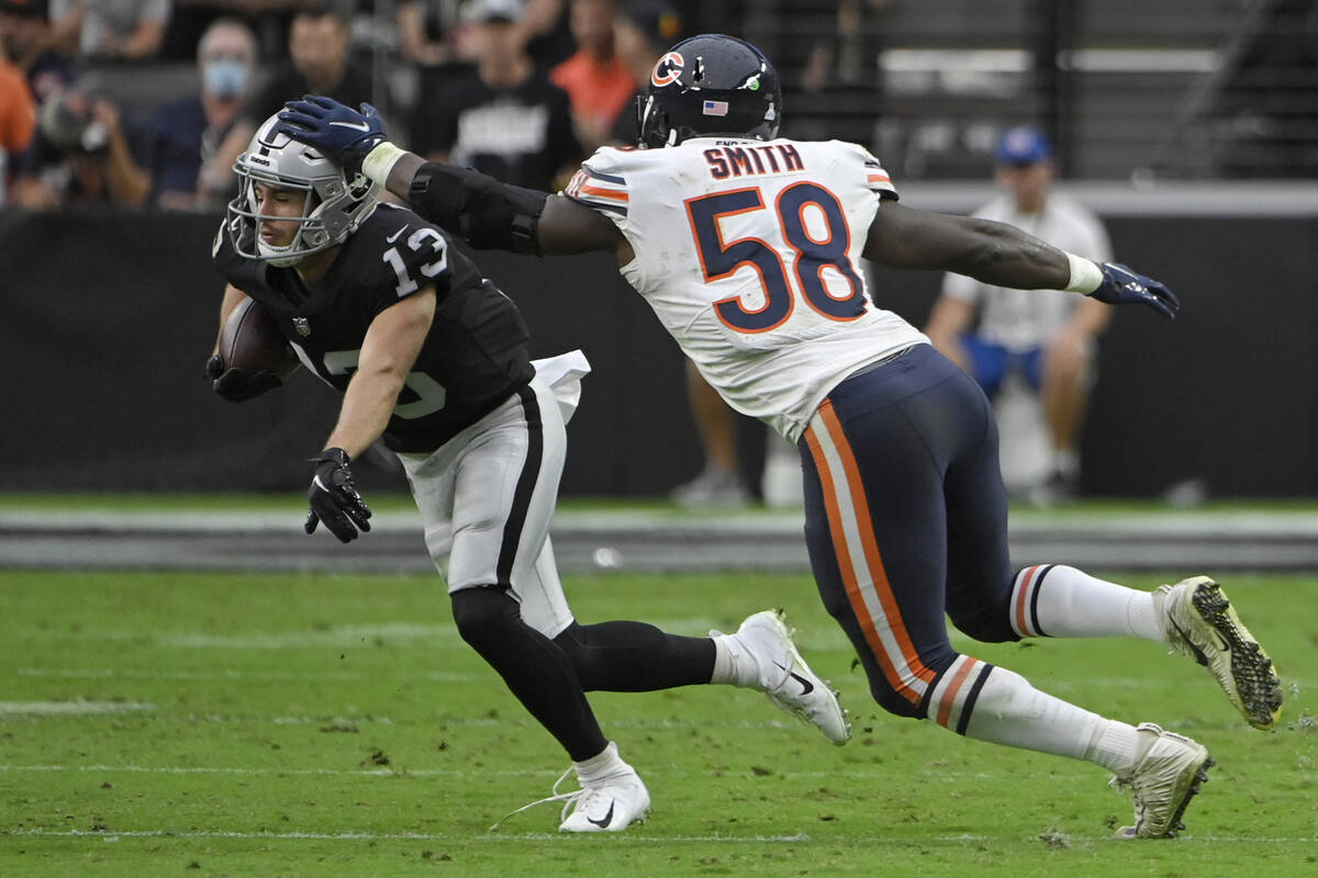 Las Vegas Raiders wide receiver Hunter Renfrow (13) makes a catch against Chicago Bears inside ...