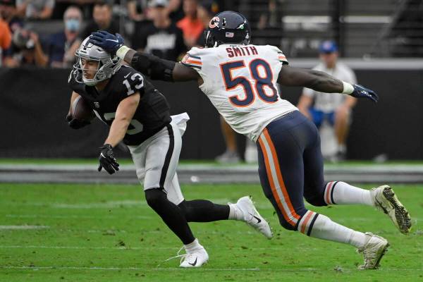 Las Vegas Raiders wide receiver Hunter Renfrow (13) makes a catch against Chicago Bears inside ...