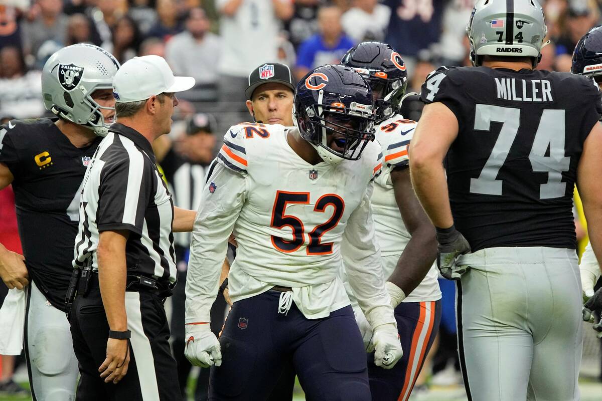 Chicago Bears outside linebacker Khalil Mack (52) celebrates after sacking Las Vegas Raiders qu ...