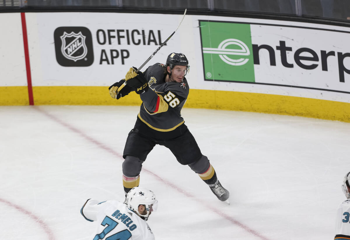 Golden Knights left wing Erik Haula (56) shoots for a goal against the San Jose Sharks during t ...