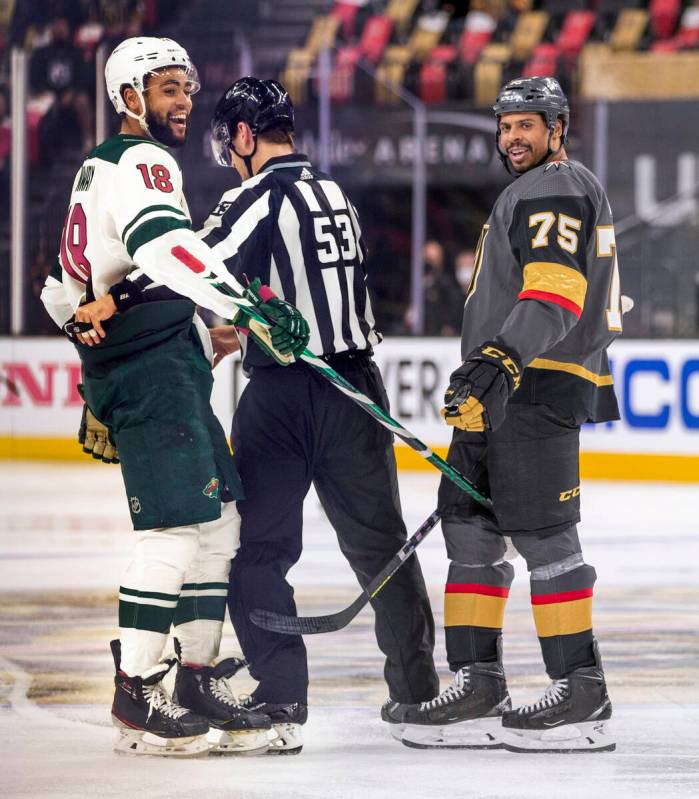Minnesota Wild left wing Jordan Greenway (18) is separated again from Golden Knights right wing ...