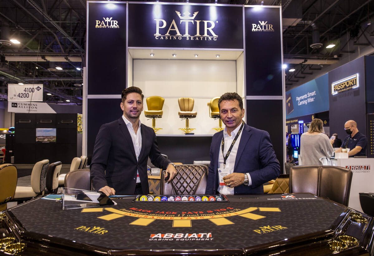Dennys, left, and Seref Patir about their Patir Casino Seating display during day 4 at the Glob ...