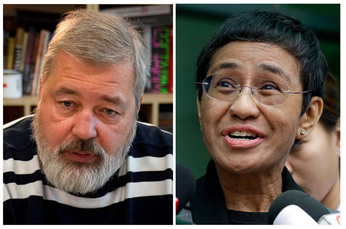 A combo of file images of Novaya Gazeta editor Dmitry Muratov, left, and of Rappler CEO and Exe ...