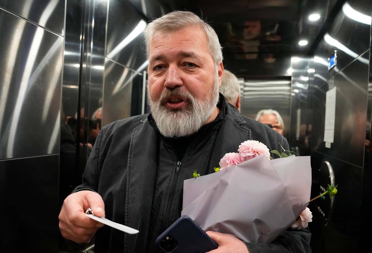 Novaya Gazeta editor Dmitry Muratov talks to media at the Novaya Gazeta newspaper, in Moscow, R ...