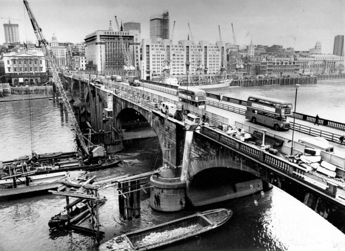 This is an April, 1968 photo of the London Bridge as it is being dismantled over the Thames riv ...