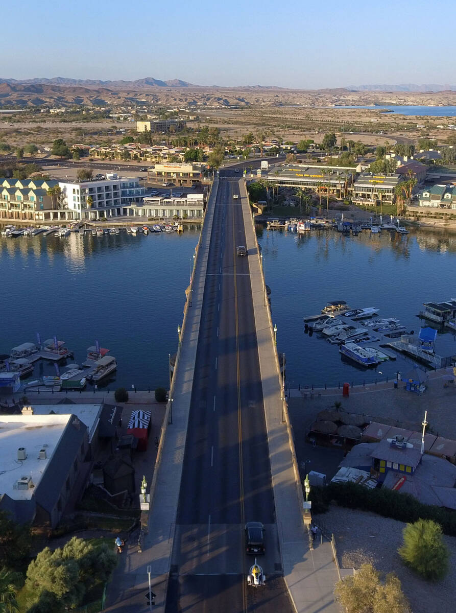 London Bridge stretching across a channel of the Colorado River is seen on Sunday, Oct. 3, 2021 ...