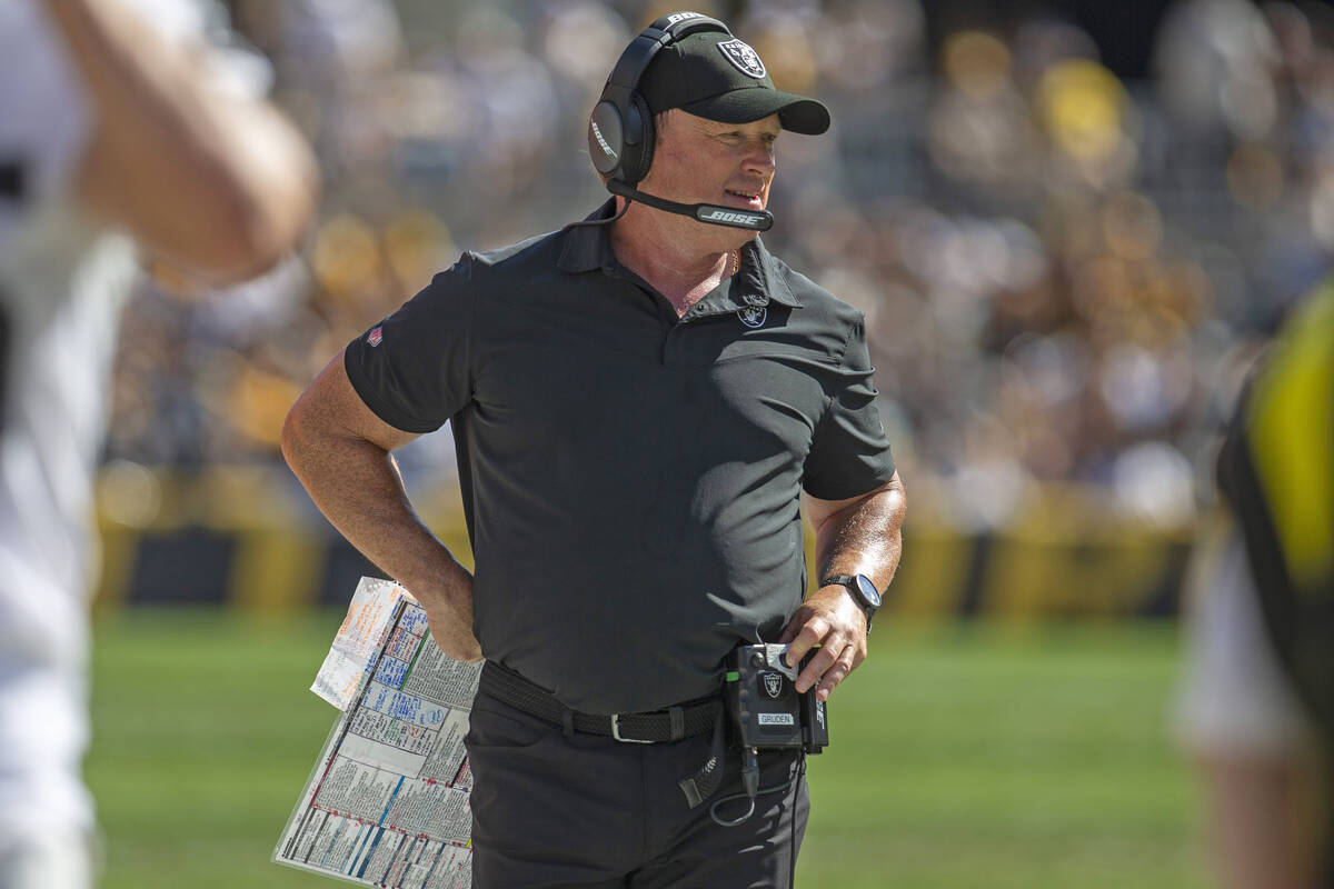 Raiders head coach Jon Gruden looks on from the sideline during the third quarter of an NFL foo ...