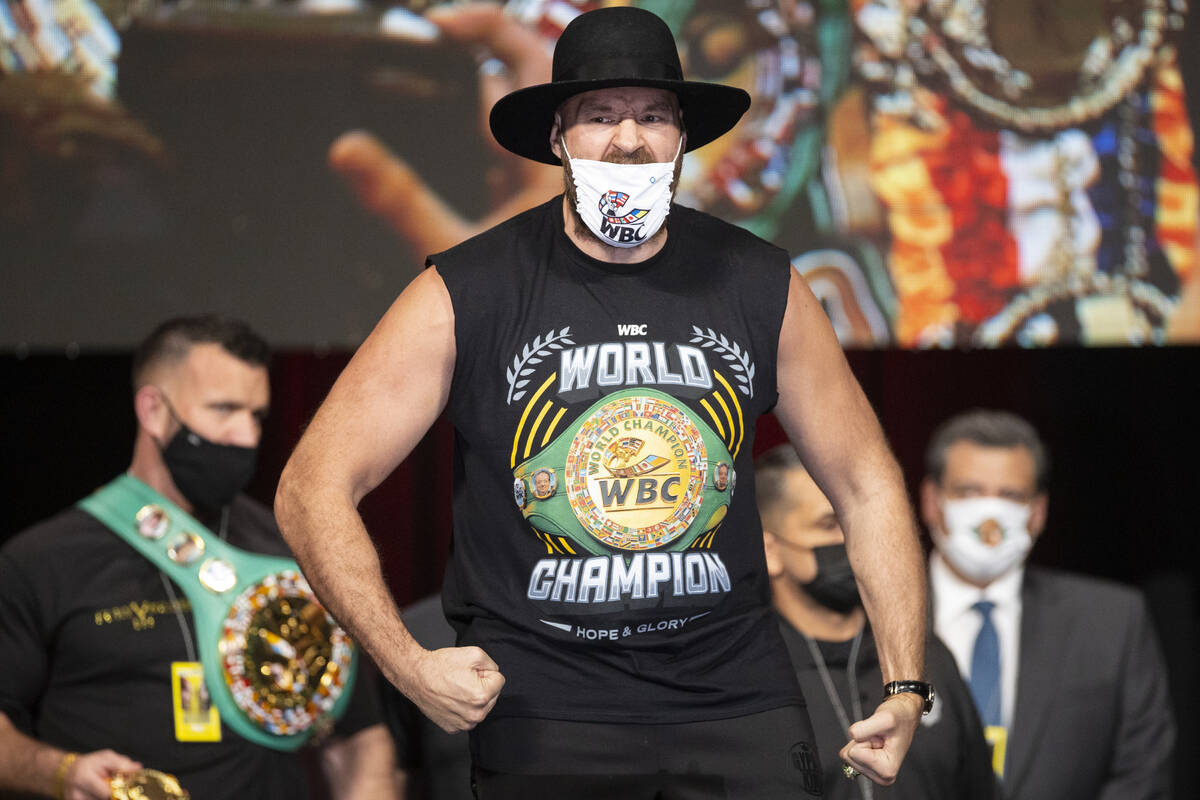 Tyson Fury poses during a weigh-in event at the MGM Grand Garden Arena in Las Vegas, Friday, Oc ...