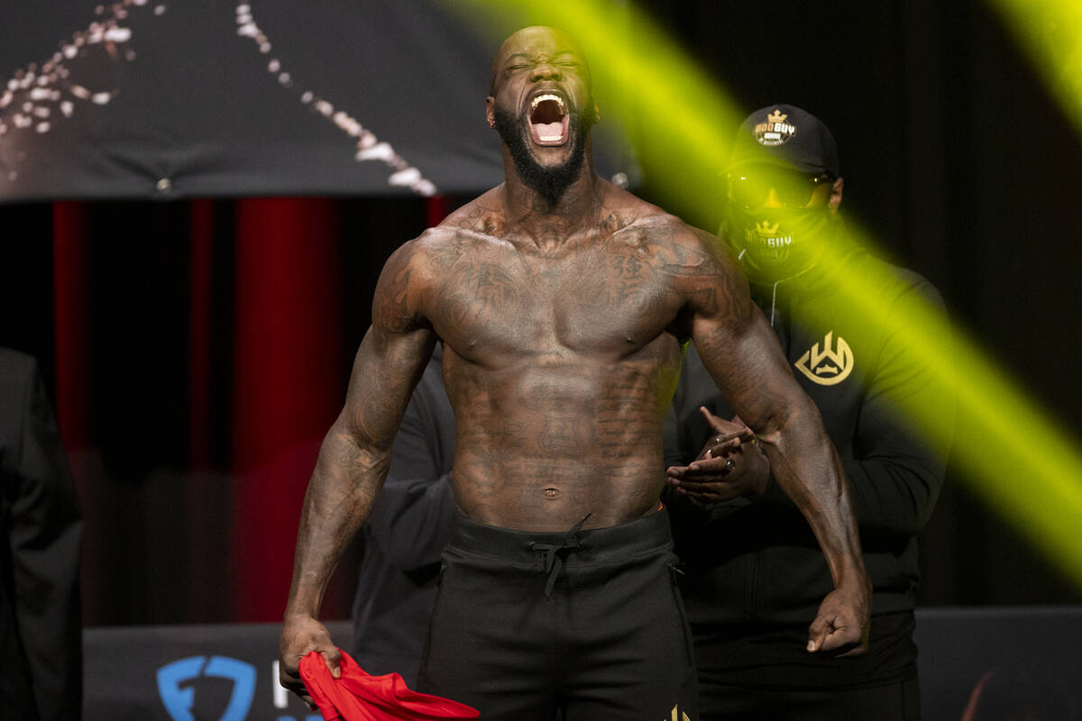 Deontay Wilder poses during a weigh-in event at the MGM Grand Garden Arena in Las Vegas, Friday ...