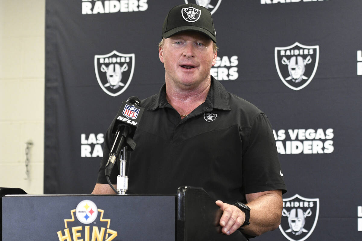 Las Vegas Raiders head coach Jon Gruden meets with the media following an NFL football game aga ...