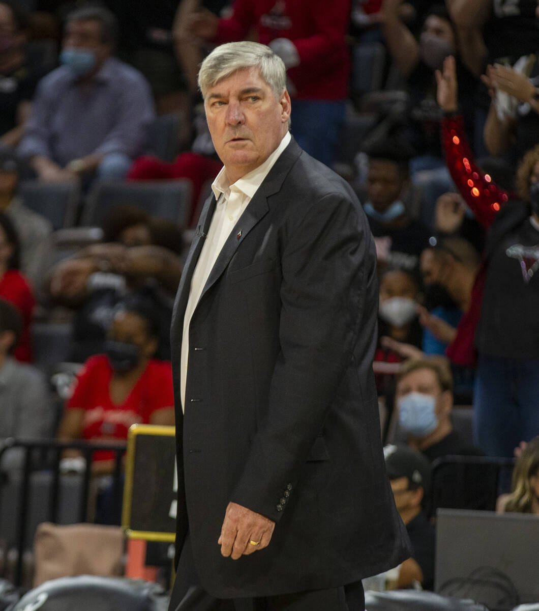 Las Vegas Aces head coach Bill Laimbeer looks on the first half of Game 5 of a WNBA basketball ...