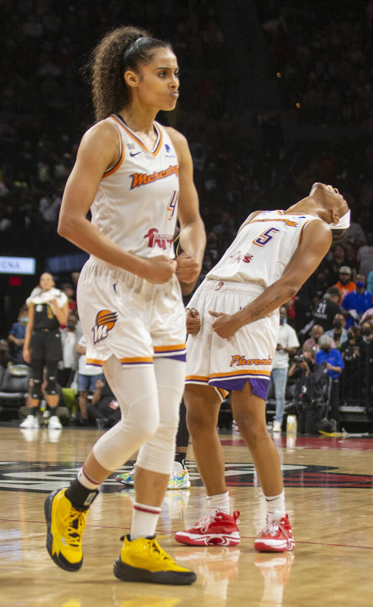 Phoenix Mercury guard Skylar Diggins-Smith (4) and Phoenix Mercury guard Shey Peddy (5) celebra ...