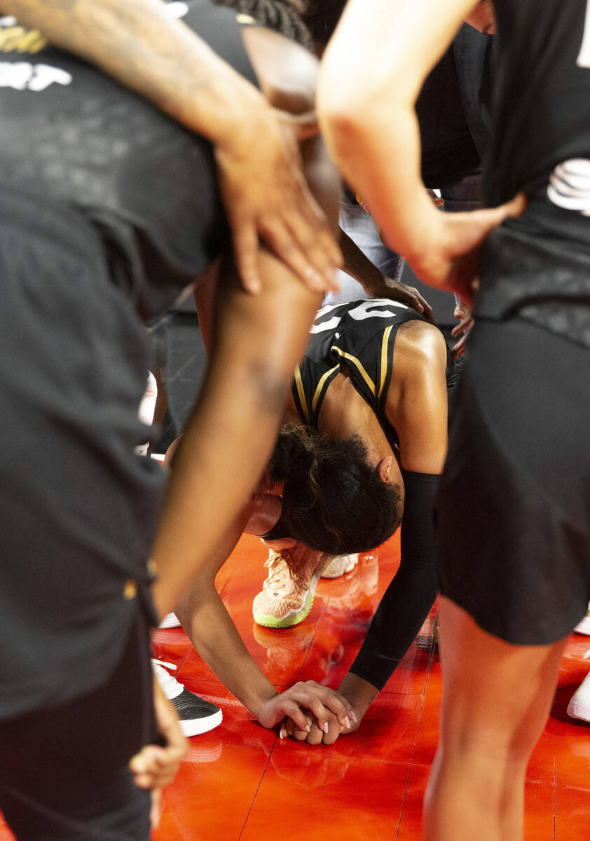 Las Vegas Aces forward A'ja Wilson (22) hangs her head at the Michelob Ultra Arena after losing ...