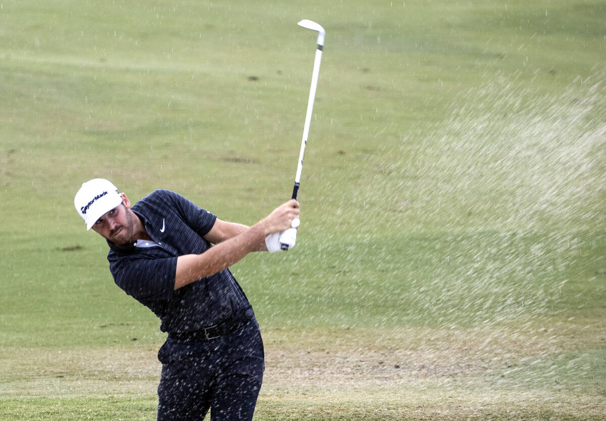 Matthew Wolff of Agoura Hills, Calif., hits from a bunker on the 18th hole during the second ro ...