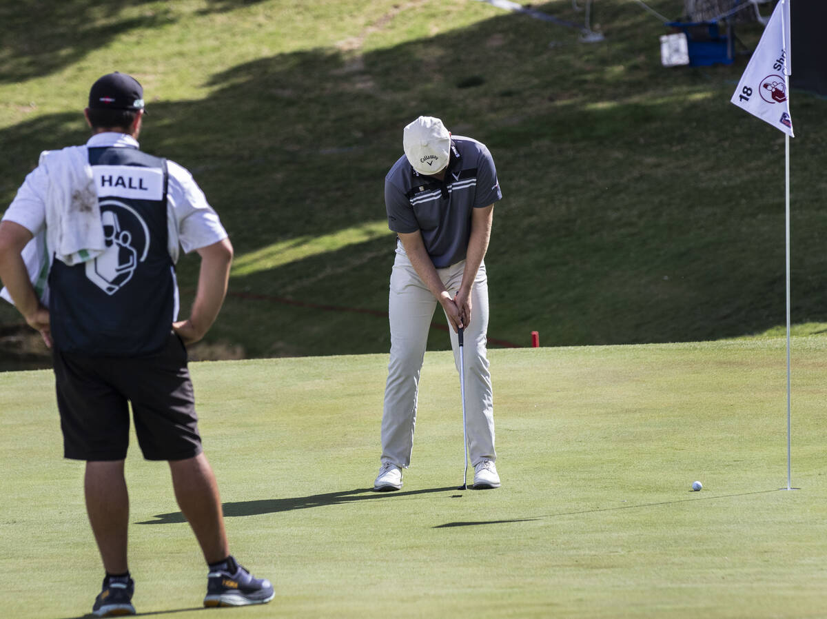 Harry Hall of England makes his putt on the 18th hole during the second round of the Shriners H ...