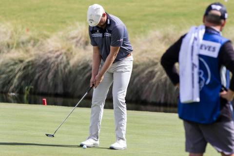 Harry Hall of England makes his putt on the 18th hole during the second round of the Shriners H ...
