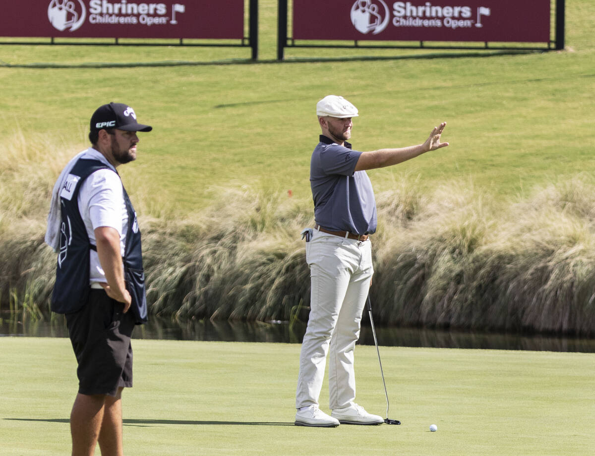 Harry Hall of England lines up a putt on the 18th hole during the second round of the Shriners ...