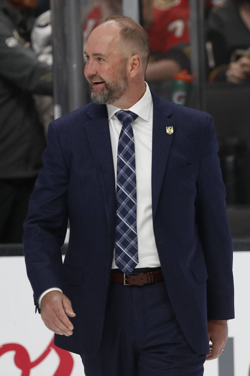 Vegas Golden Knights head coach Peter DeBoer leaves the ice after the first period of a preseas ...